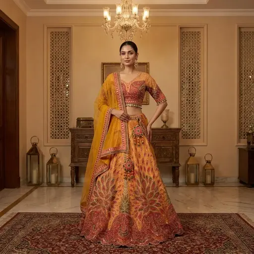 [2608290602] Mustard Yellow Silk Embroidered Bridal Lehenga Choli Set