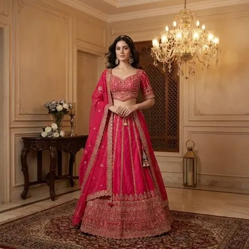 [2608291002] Rani Pink Raw Silk Zardozi Bridal Lehenga Choli Set