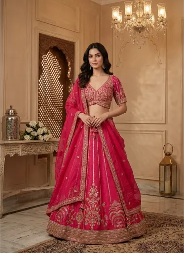 [2608291004] Rani Pink Raw Silk Embroidered Bridal Lehenga Choli Set