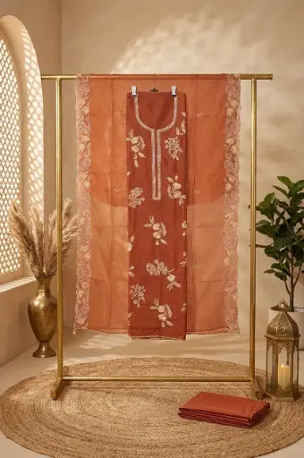 [2608300301] Rust Organza Silk Embroidered Unstitched Salwar Suit Material