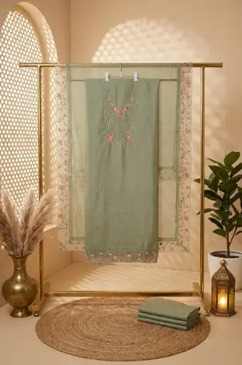 [2608300303] Sage Green Chanderi Silk Embroidered Unstitched Suit Material