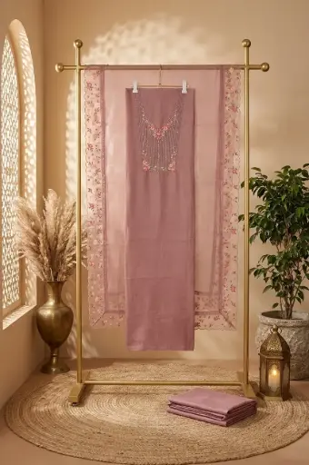 [2608300304] Dusty Rose Handloom Silk Unstitched Embroidered Suit Material