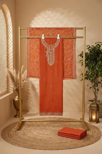 [2608300306] Tangerine Orange Hand Embroidered Silk Unstitched Suit Material