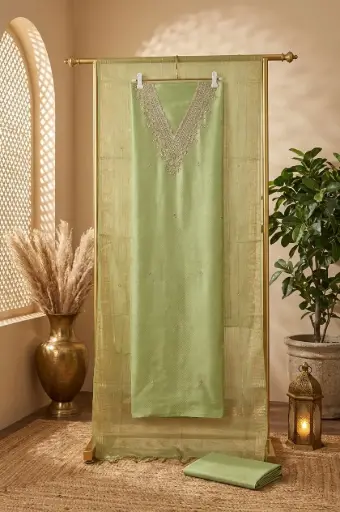 [2608300307] Pistachio Green Silk Embroidered Unstitched Dress Material