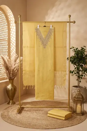 [2608300308] Sunshine Yellow Embroidered Unstitched Dress Material Suit Set