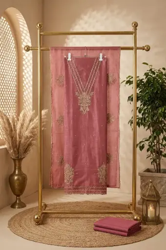 [2608300309] Dusty Rose Silk Unstitched Suit Material with Zardozi Embroidery