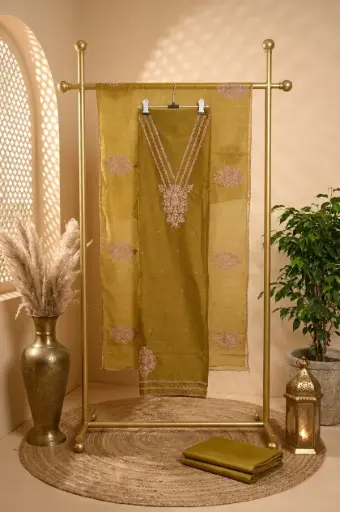 [2608300310] Mustard Olive Handloom Silk Unstitched Salwar Suit Set