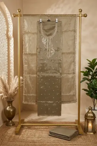 [2608300311] Metallic Olive Gold Tissue Embroidered Unstitched Suit Set
