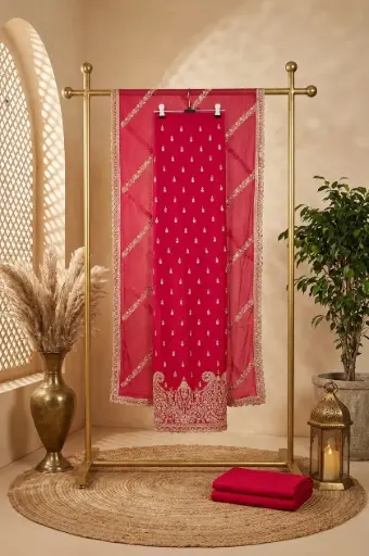 [2608300313] Rani Pink Embroidered Silk Unstitched Dress Material Suit Set