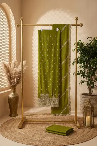 [2608300314] Olive Green Embroidered Chanderi Silk Unstitched Suit Material