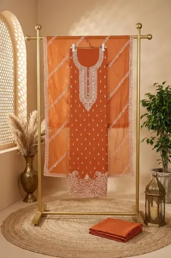 [2608300315] Rust Orange Embroidered Chanderi Silk Unstitched Suit Material