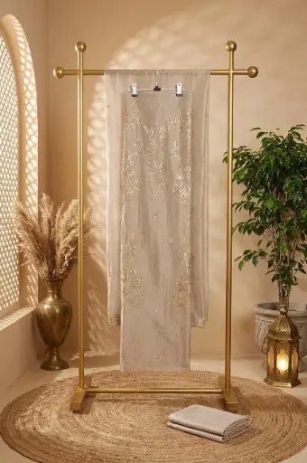 [2608300322] Champagne Beige Tissue Silk Embroidered Unstitched Suit Set
