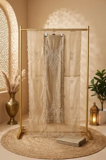 [2608300323] Champagne Gold Tissue Silk Embroidered Unstitched Suit Material