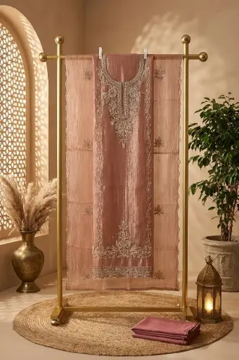 [2608300324] Dusty Rose Tissue Silk Embroidered Unstitched Suit Material 