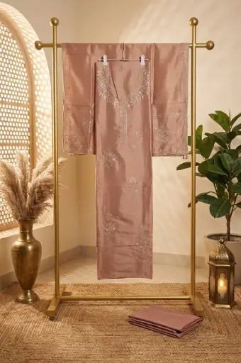 [2608300327] Rose Gold Handloom Silk Embroidered Unstitched Suit Material
