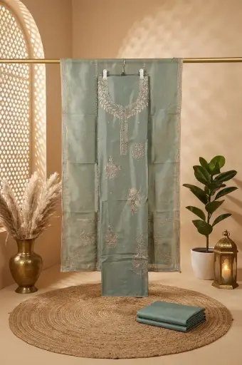 [2608300328] Sage Green Handloom Silk Unstitched Suit Material Set