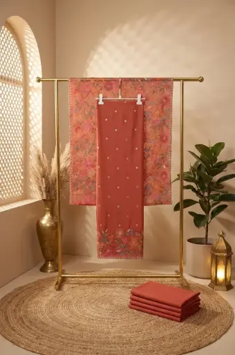 [2608300329] Rust Handloom Silk Floral Embroidered Unstitched Dress Material