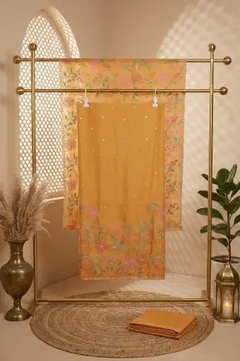 [2608300330] Mustard Yellow Silk Unstitched Suit with Floral Embroidery