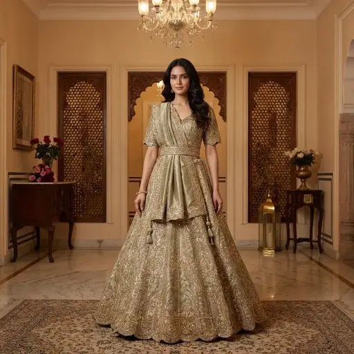 [2608310402] Sage Green Metallic Tissue Embroidered Bridal Lehenga Choli Set