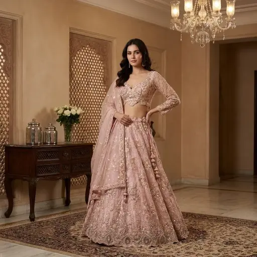 [2608310403] Blush Pink Embroidered Net Designer Lehenga Choli Set