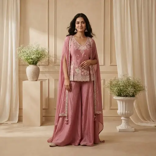 [2609010303] Dusty Rose Embroidered Peplum Top with Sharara Set