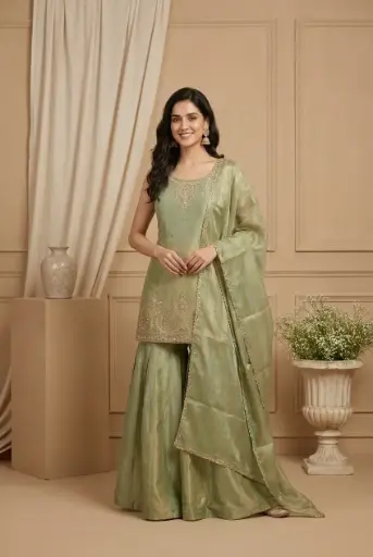 [2609010307] Sage Green Chanderi Silk Embellished Kurti Sharara Set