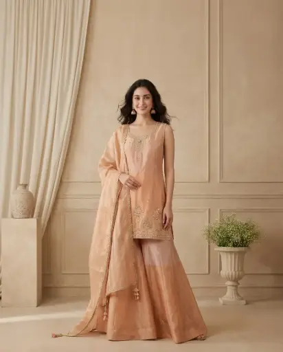 [2609010308] Peach Tissue Silk Kurti Sharara Set with Dupatta