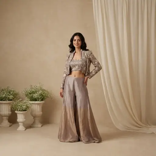 [2609010313] Mink Mauve Shimmer Tissue Crop Top Sharara Jacket Set