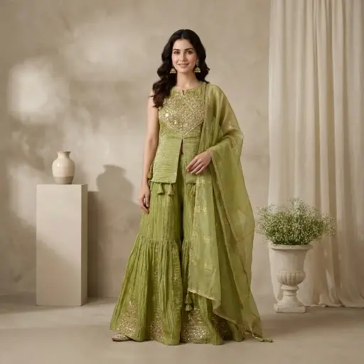 [2609010315] Olive Green Tissue Embroidered Peplum Top with Sharara Set 