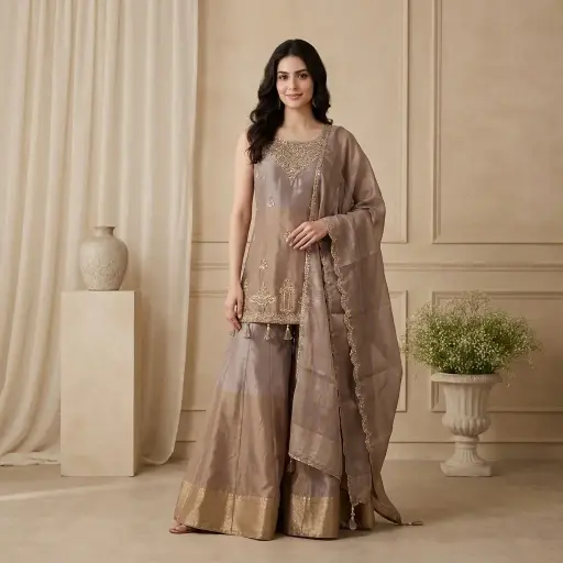 [2609010321] Metallic Mauve Tissue Kurti Sharara Set with Dupatta