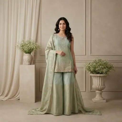 [2609010325] Sage Green Shimmer Tissue Kurti Sharara Set with Dupatta