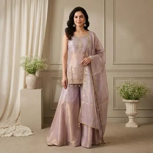 [2609010326] Lilac Tissue Silk Embroidered Kurti Sharara Set with Dupatta 