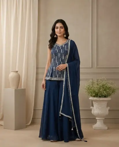 [2609010327] Navy Blue Sequined Peplum Top with Sharara and Dupatta