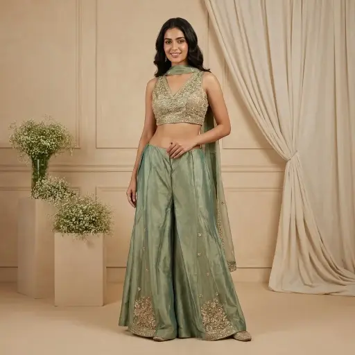[2609010406] Sage Green Shimmer Tissue Embroidered Crop Top Sharara Set