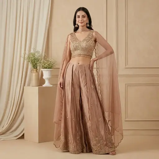 [2609010409] Rose Gold Metallic Tissue Crop Top and Flared Sharara Set