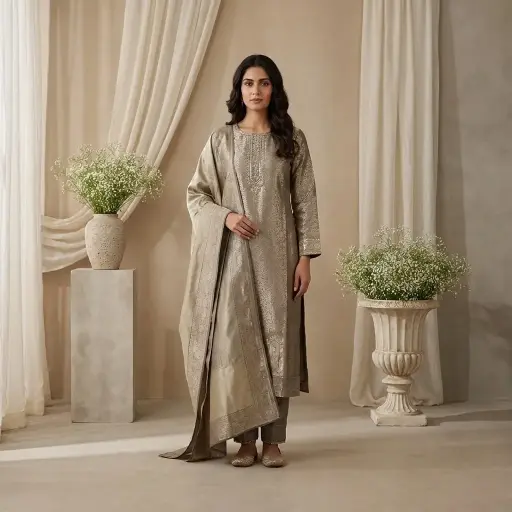 [2609010607] Metallic Beige Brocade Silk Stitched Kurti Suit Set