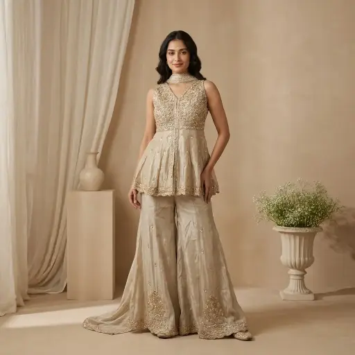 [2609010802] Champagne Gold Tissue Peplum Top with Sharara Set