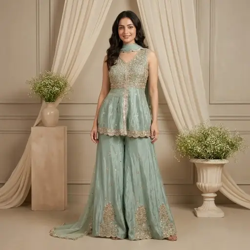 [2609010803] Sea Green Tissue Silk Embroidered Peplum Sharara Set
