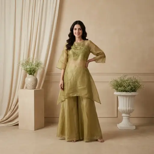 [2609010812] Olive Green Tissue Organza Embellished Tunic Sharara Set 