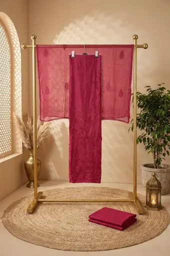 [2609010903] Magenta Pink Embroidered Silk Unstitched Suit Material Set