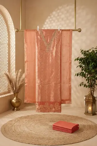 [2609010904] Coral Peach Banarasi Silk Unstitched Salwar Suit Set