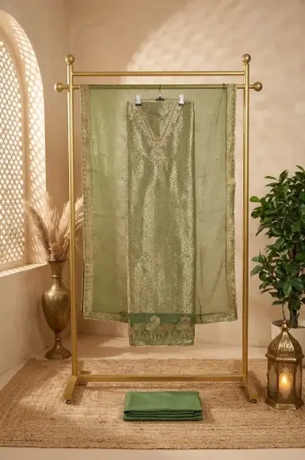 [2609010906] Sage Green Banarasi Silk Unstitched Suit Material