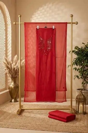 [2609010909] Crimson Red Chanderi Silk Unstitched Mirror Work Suit Set