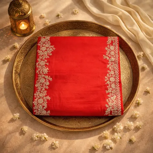 [2609011222] Elegant Red Embroidered Saree with Zari Work