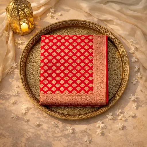 [2609011309] Exquisite Handworked Red Saree 