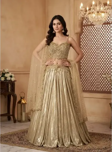 [2609011402] Metallic Champagne Gold Heavily Embellished Indo-Western Lehenga Set 