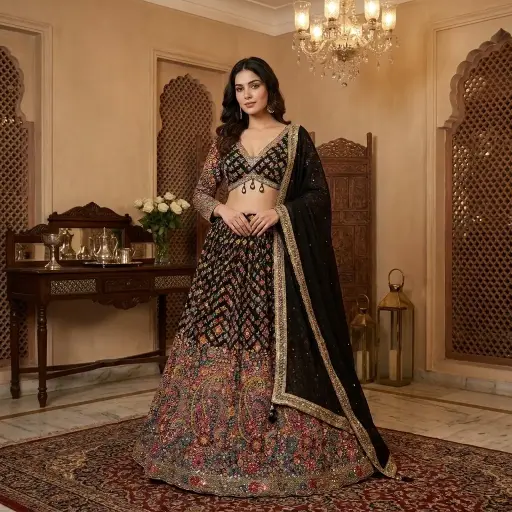[2609020502] Black Georgette Multi-Color Resham and Mirror Work Lehenga Set