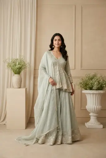 [2609120201] Sage Green Handcrafted Peplum Kurti with Sharara and Dupatta