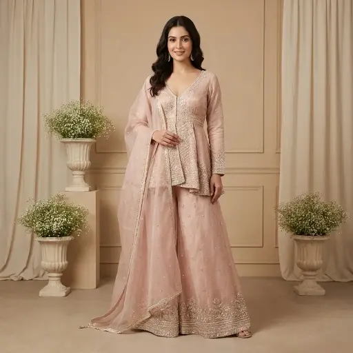 [2609120202] Blush Pink Embroidered Peplum Top with Flared Sharara Set