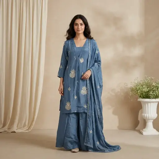 [2609131004] Dusty Blue Silk Pintuck Kurti with Pants and Dupatta